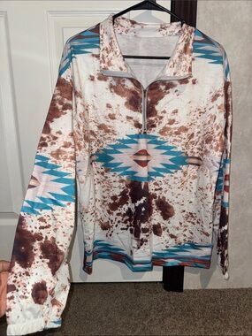 Southwestern Aztec Print Half-Zip Pullover in Turquoise and Brown